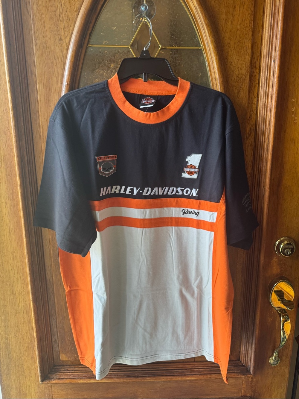 Men’s large Harley-Davidson Black Orange White ,Harley Racing T‑Shirt